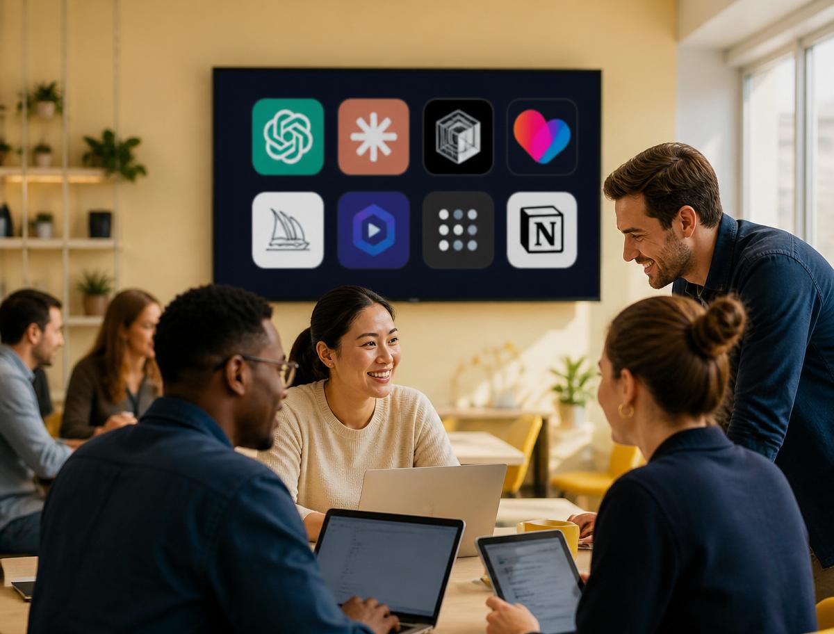 Bootcamp attendees collaborating around laptops with AI tool logos on screen