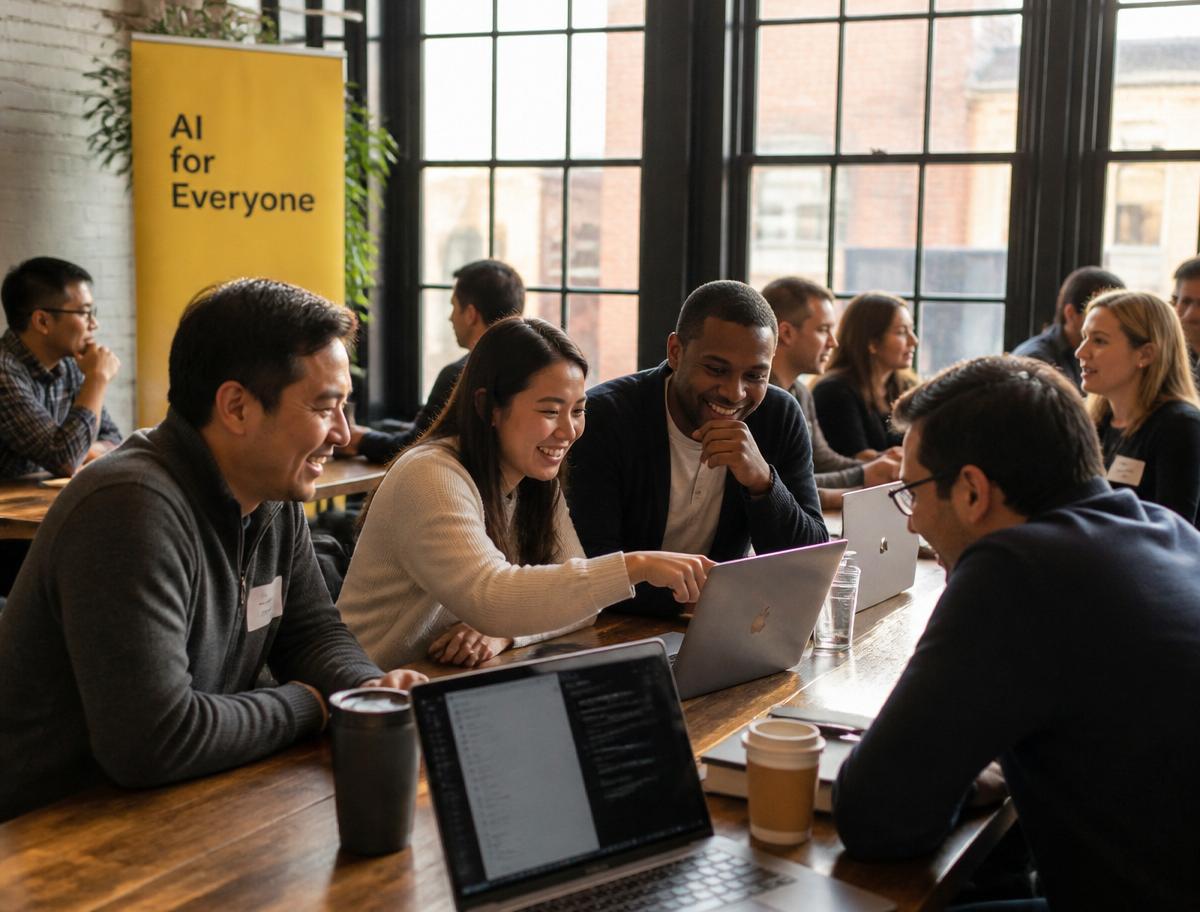 Diverse professionals collaborating at an AI Bootcamp workshop with an AI for Everyone banner